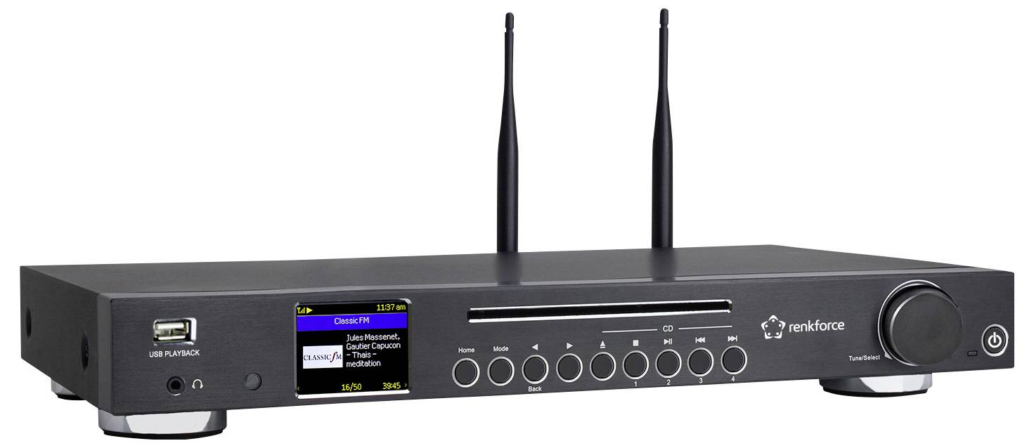 Un lettore audio di rete nero con display LCD, due antenne, pulsanti di navigazione, una porta USB e il marchio Renkforce sul pannello frontale.