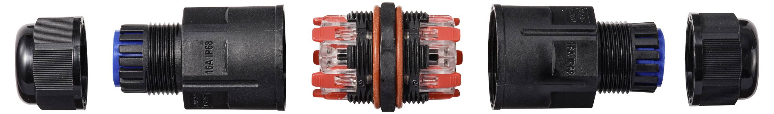 Un connettore elettrico smontato composto da diversi componenti, tra cui due cappucci esterni, un elemento di tenuta e un'unità di connessione centrale.