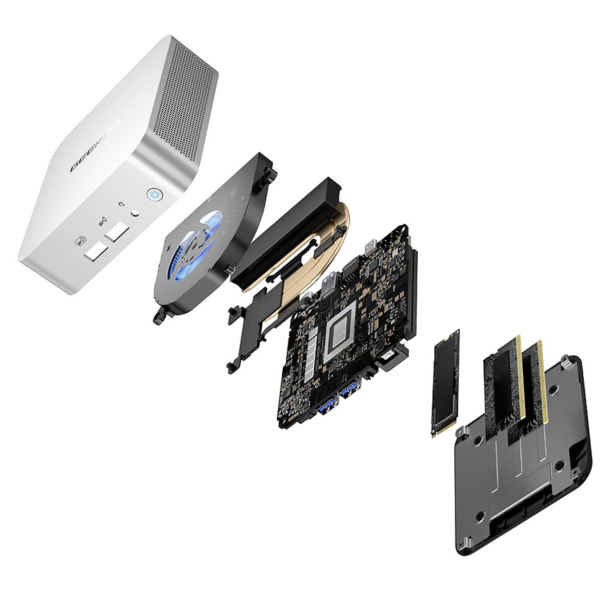 Rappresentazione esplosa di un Mini-PC suddiviso nei suoi componenti principali: involucro, ventola, scheda grafica, scheda madre, RAM e coperchio inferiore.