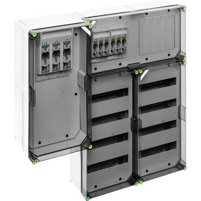Quadro elettrico con sportelli aperti che mostra diversi interruttori e componenti di cablaggio, pronto per l'installazione.