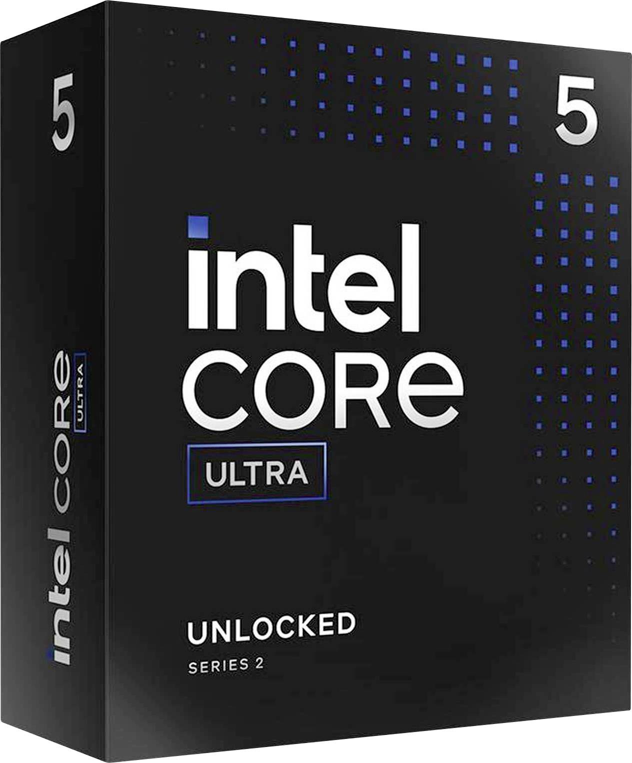 Confezione nera di un Intel Core Ultra, serie 2, con la scritta 'UNLOCKED', numero 5 in alto a sinistra.