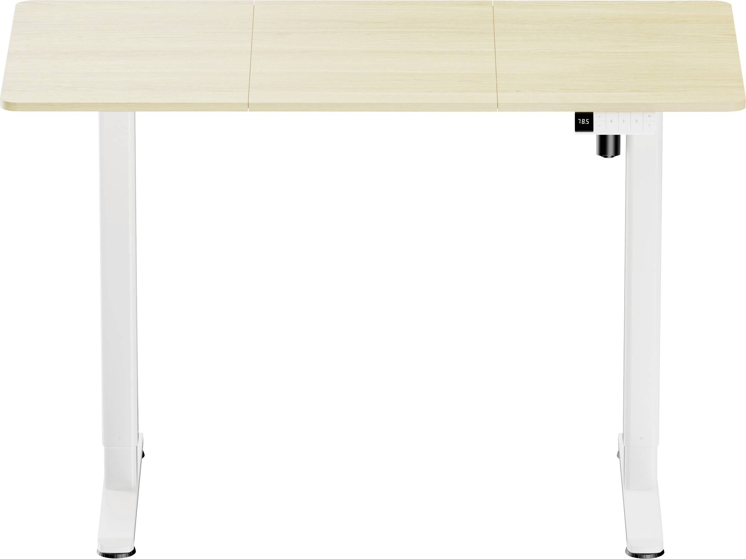Un tavolo regolabile in altezza con piano in legno chiaro e gambe in metallo bianco. Ideale per lavorare in modo ergonomico in ufficio o a casa.