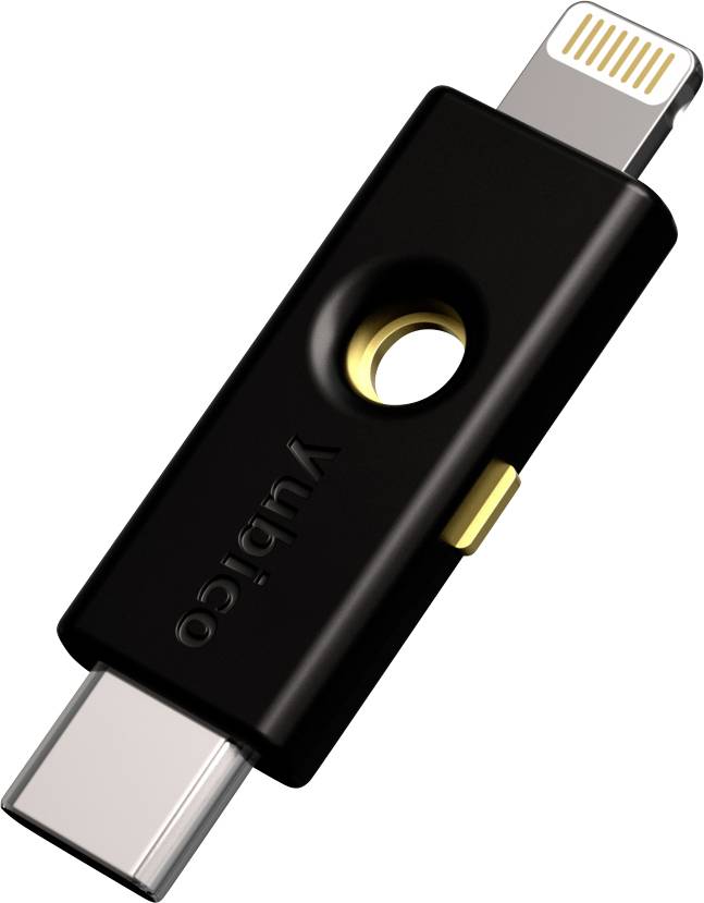 Una chiavetta USB di sicurezza nera con loghi e due porte: USB-C e Lightning, per l'autenticazione dei dispositivi.