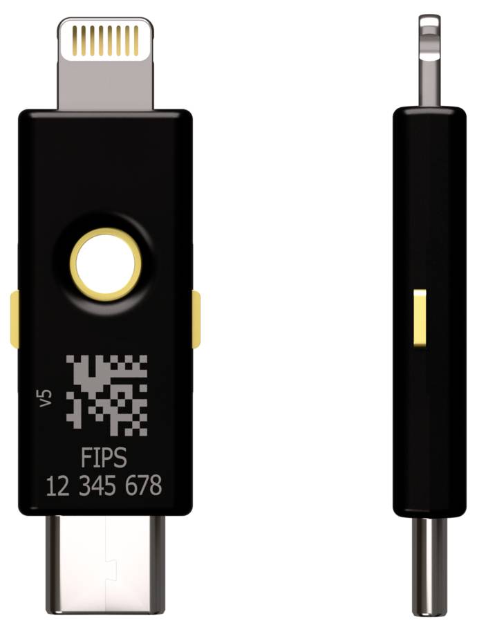 Un dispositivo USB nero con un codice QR e un contatto dorato, mostrato frontalmente e lateralmente. Iscrizione: FIPS 12 345 678.