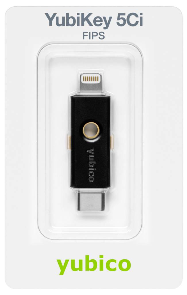 YubiKey 5Ci chiavetta di sicurezza con porte USB-C e Lightning nella confezione. Testo 'yubico' e 'FIPS' sul lato anteriore.