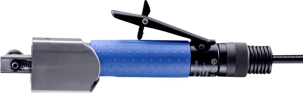 Un utensile metallico con un manico blu e una leva nera. È destinato al taglio o alla lavorazione di materiali.