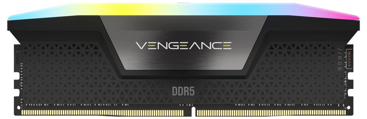 Modulo RAM Corsair Vengeance DDR5 con design nero ed effetto luminoso RGB in cima.