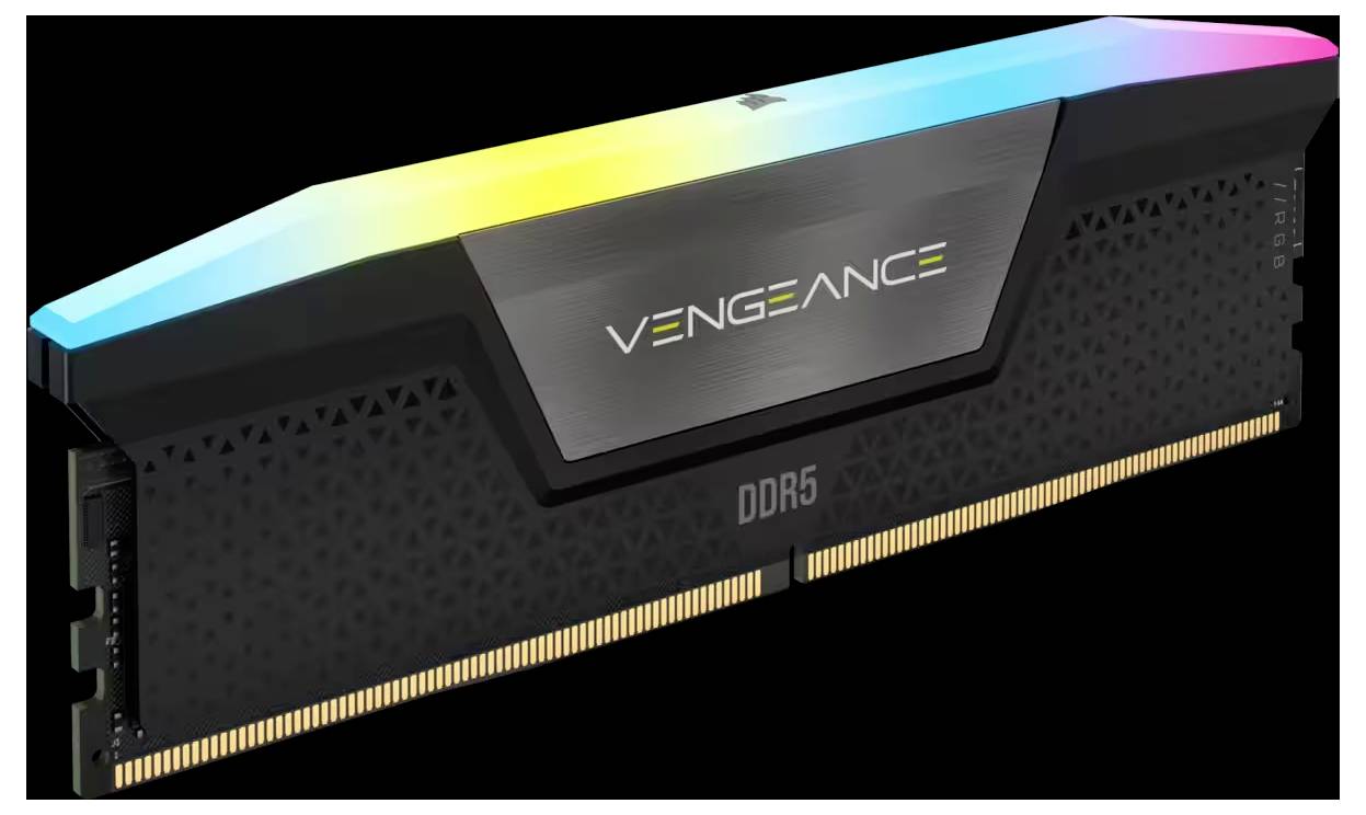 Un modulo RAM DDR5 con illuminazione RGB visto dall'alto, contrassegnato con 'Vengeance'.