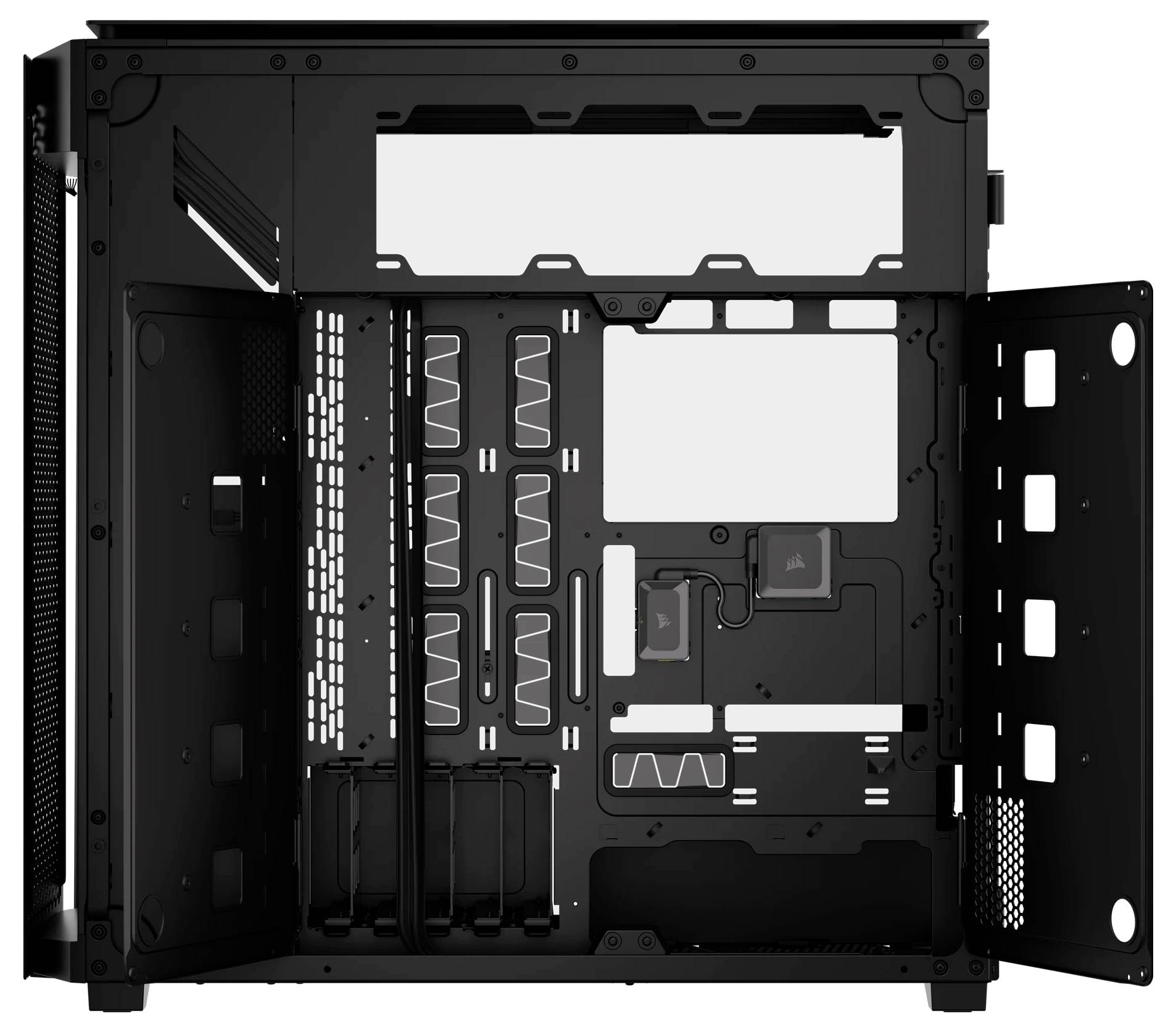 Case per computer in nero con pannello laterale aperto, vani interni e sistema di gestione dei cavi visibili.
