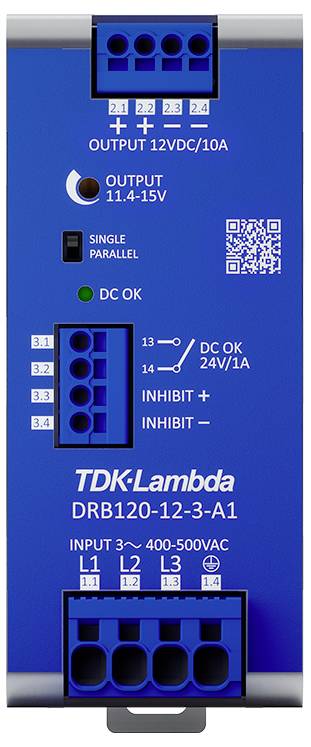 Alimentatore blu di TDK-Lambda con multiple porte e stampigliature, incluse specifiche di tensione e intensità di corrente.
