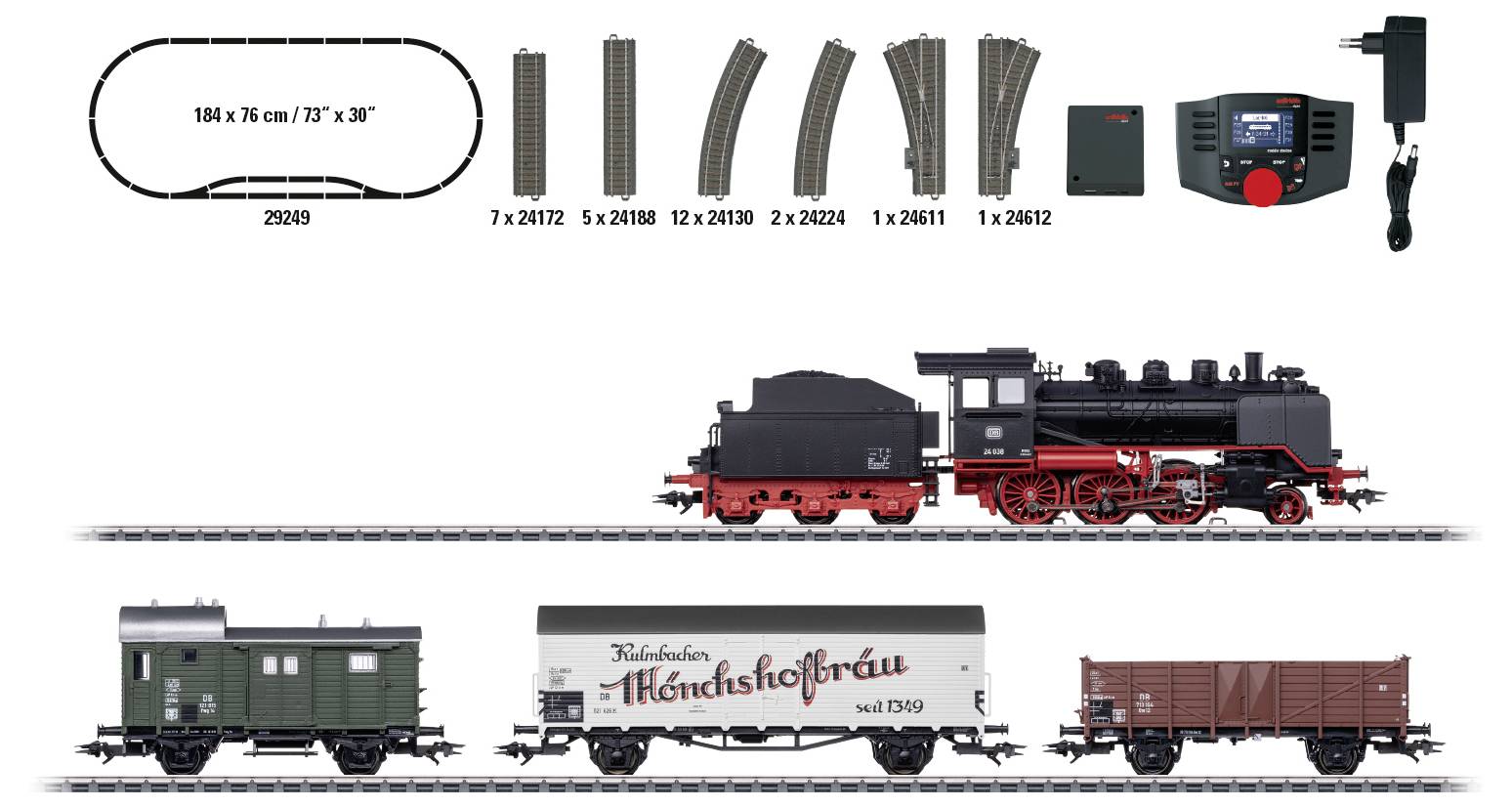 Set di modello ferroviario con locomotiva a vapore nera e tre vagoni: vagone merci, vagone frigorifero e vagone postale. Layout dei binari in alto, controller a destra.