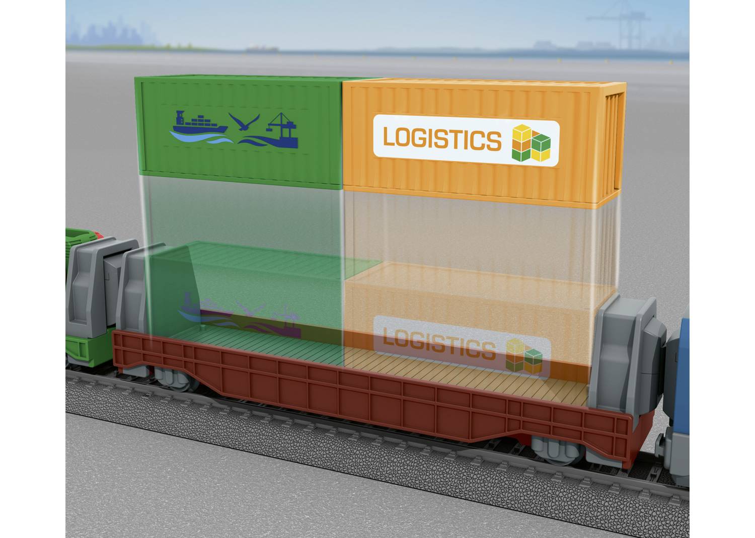 Un treno merci trasporta due container, uno verde con simboli di nave, aereo e gru, l'altro arancione con la scritta 'LOGISTICS'.