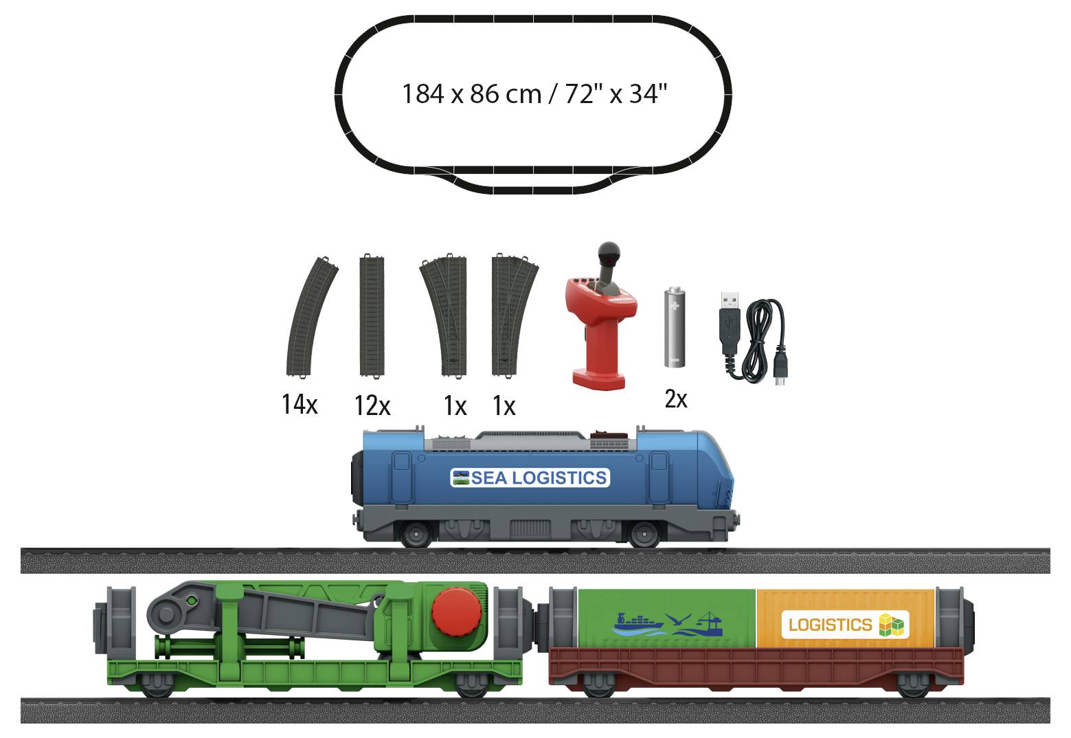 Trenino elettrico con percorso ferroviario, include due treni, 28 pezzi di binari, telecomando, cavi e accessori per tema logistico.