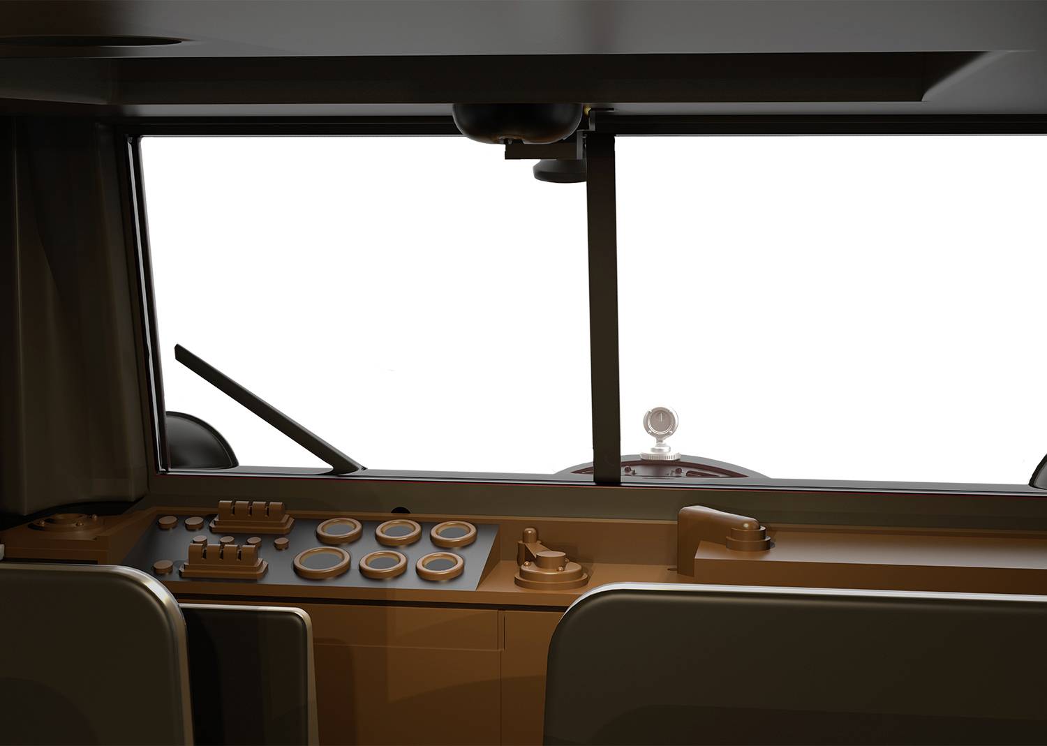 Vista interna di un cockpit di un veicolo con comandi e strumentazione. Ampio parabrezza anteriore, design senza volante.