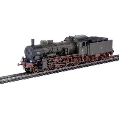 Un modello di una locomotiva a vapore storica su un binario, di color verde scuro con dettagli rossi, mostra la fedeltà costruttiva nei minimi particolari.