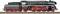 Una locomotiva modellistica stilizzata in nero, verde e rosso è posizionata su un binario. Dettagli tecnici visibili, ruote a cinque colori.