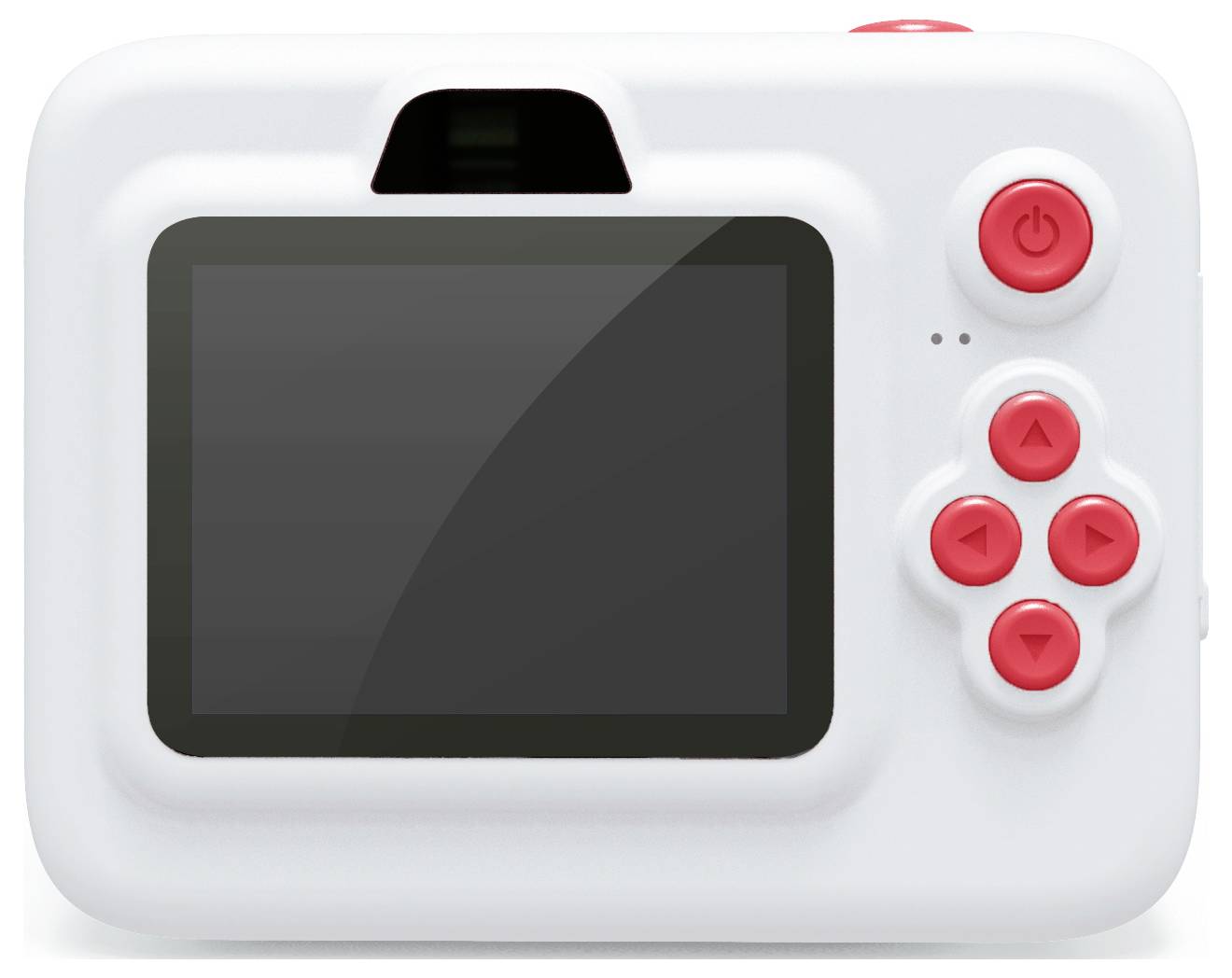 Una fotocamera bianca, con design ispirato al retro, con un pulsante direzionale rosso e tasti rossi sulla destra accanto a uno schermo digitale.