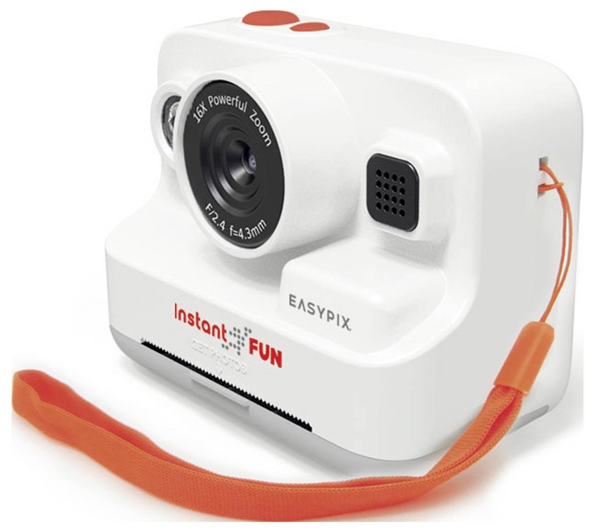 Una fotocamera istantanea bianca con cinghia di trasporto arancione, obiettivo con '16x Powerful Zoom', sotto il marchio 'Instant Fun'.