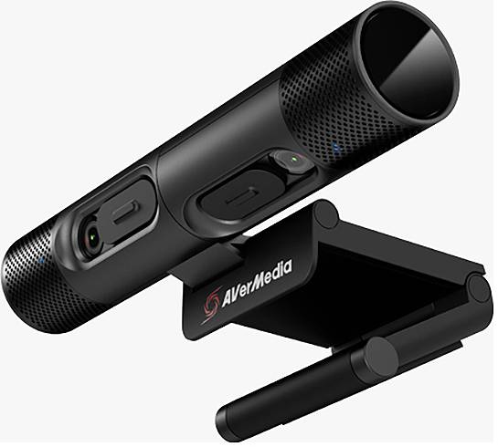 Una webcam nera con due obiettivi, montata su un supporto pieghevole. Reca il logo di AVerMedia.