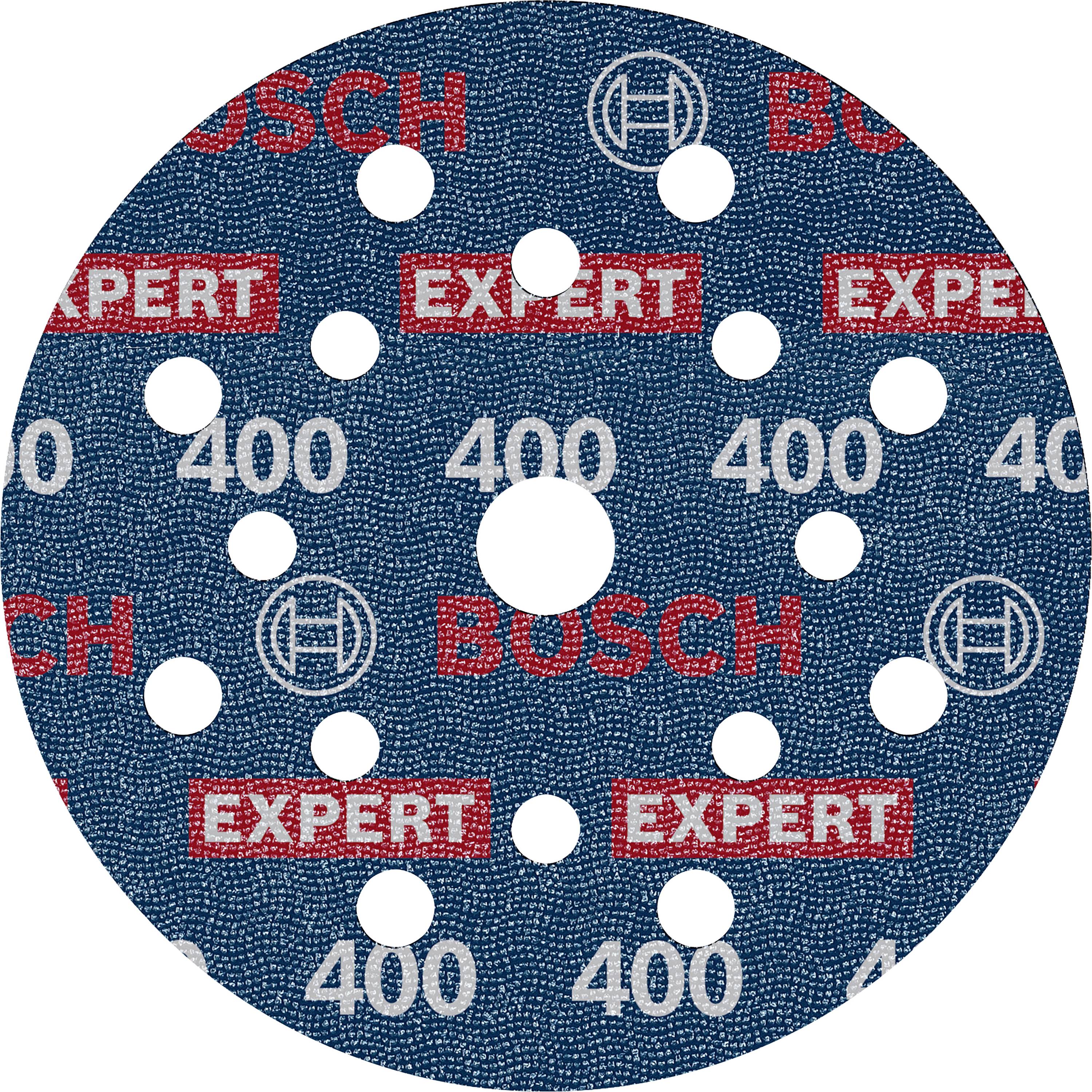 Disco abrasiva con più fori, blu con stampa rossa 'BOSCH' ed 'EXPERT' e indicazione della granulometria '400'.
