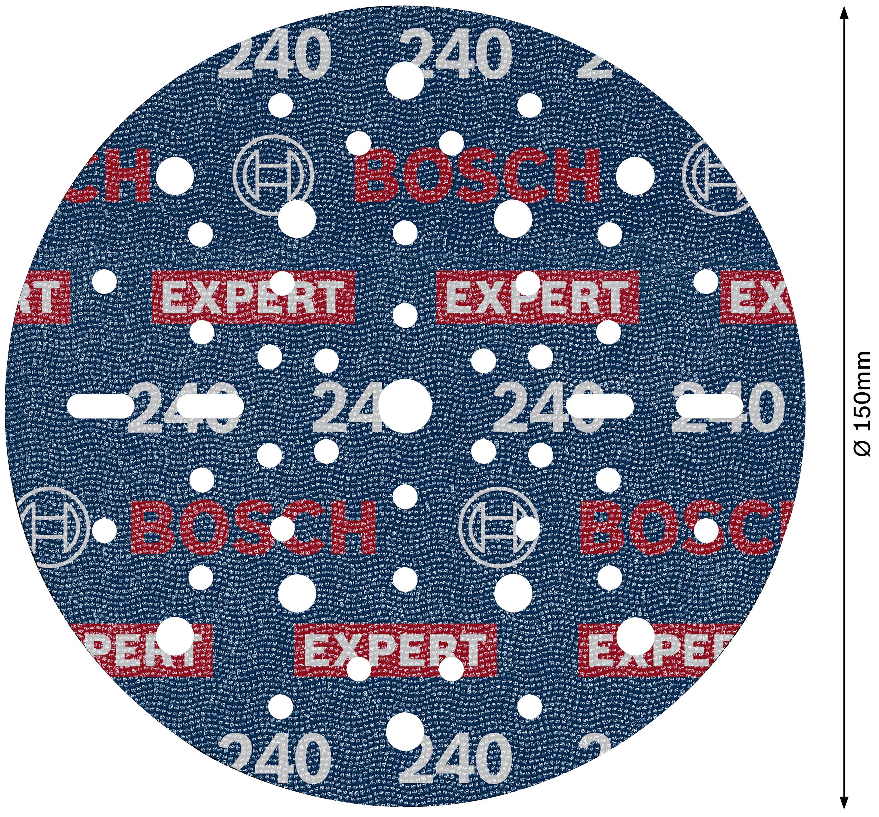 Disco abrasiva da 150 mm di diametro, blu con scritte 'Bosch Expert' in rosso e grana '240' in bianco.
