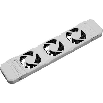 Un dissipatore di calore bianco con tre ventole nere allineate, utilizzato per raffreddare dispositivi elettronici o componenti del computer.