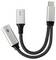 Cavo adattatore USB-C con due connettori: simbolo USB e simbolo del fulmine, su cavo intrecciato, per trasferimento dati e alimentazione.