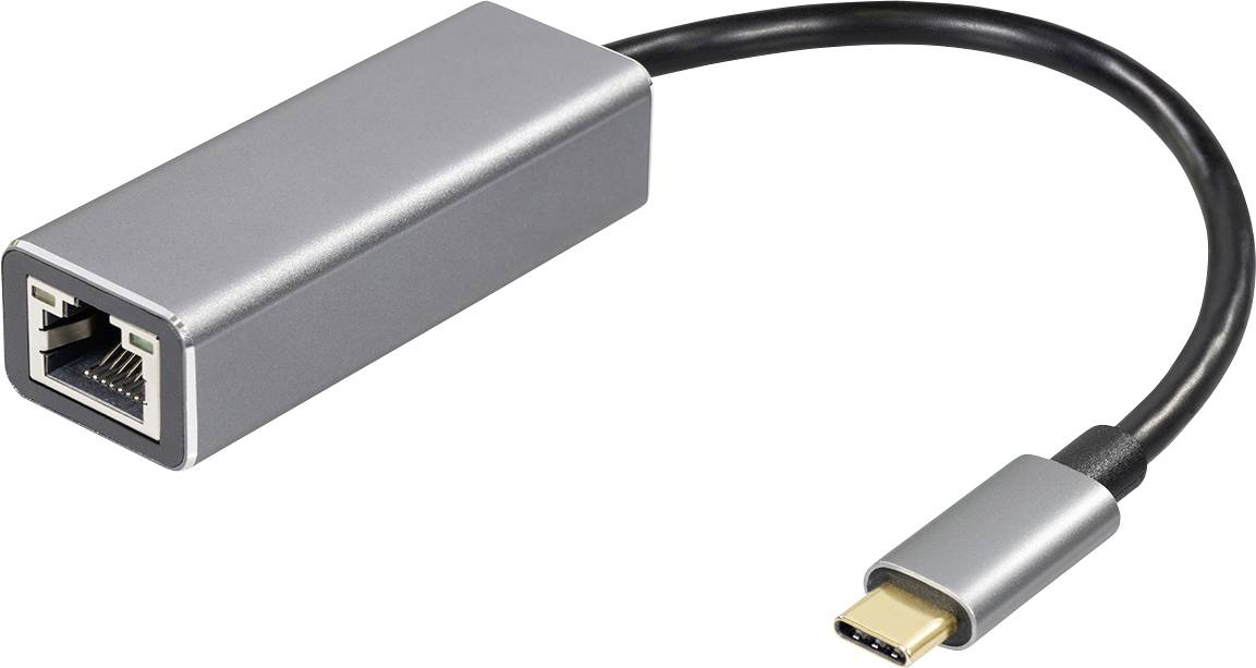 Adattatore USB-C su Ethernet in argento. Consente la connessione tramite cavo di rete per dispositivi con porta USB-C.