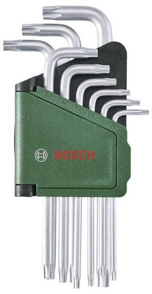 Un set di otto chiavi Torx Bosch con supporto verde. Le chiavi sono disposte in diverse dimensioni.