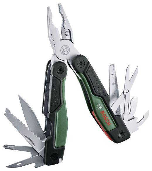Utensile multiuso con pinze aperte e diversi strumenti, tra cui coltello, cacciavite e forbici. Adatto per impieghi versatili.
