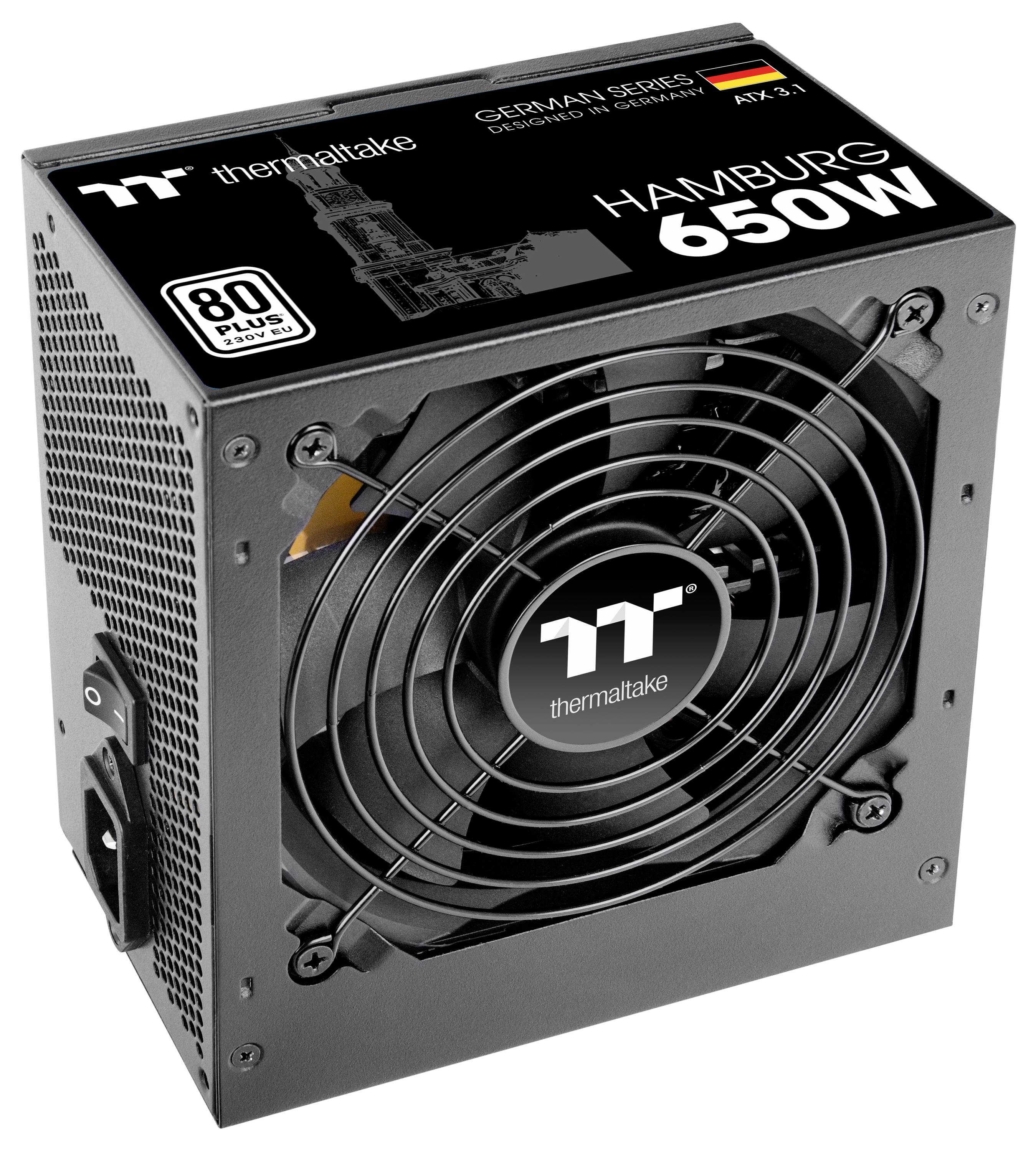 Alimentatore Thermaltake 650W, nero, con ventola e scritte 'HAMBURG', 'GERMAN SERIES', '80 PLUS'.