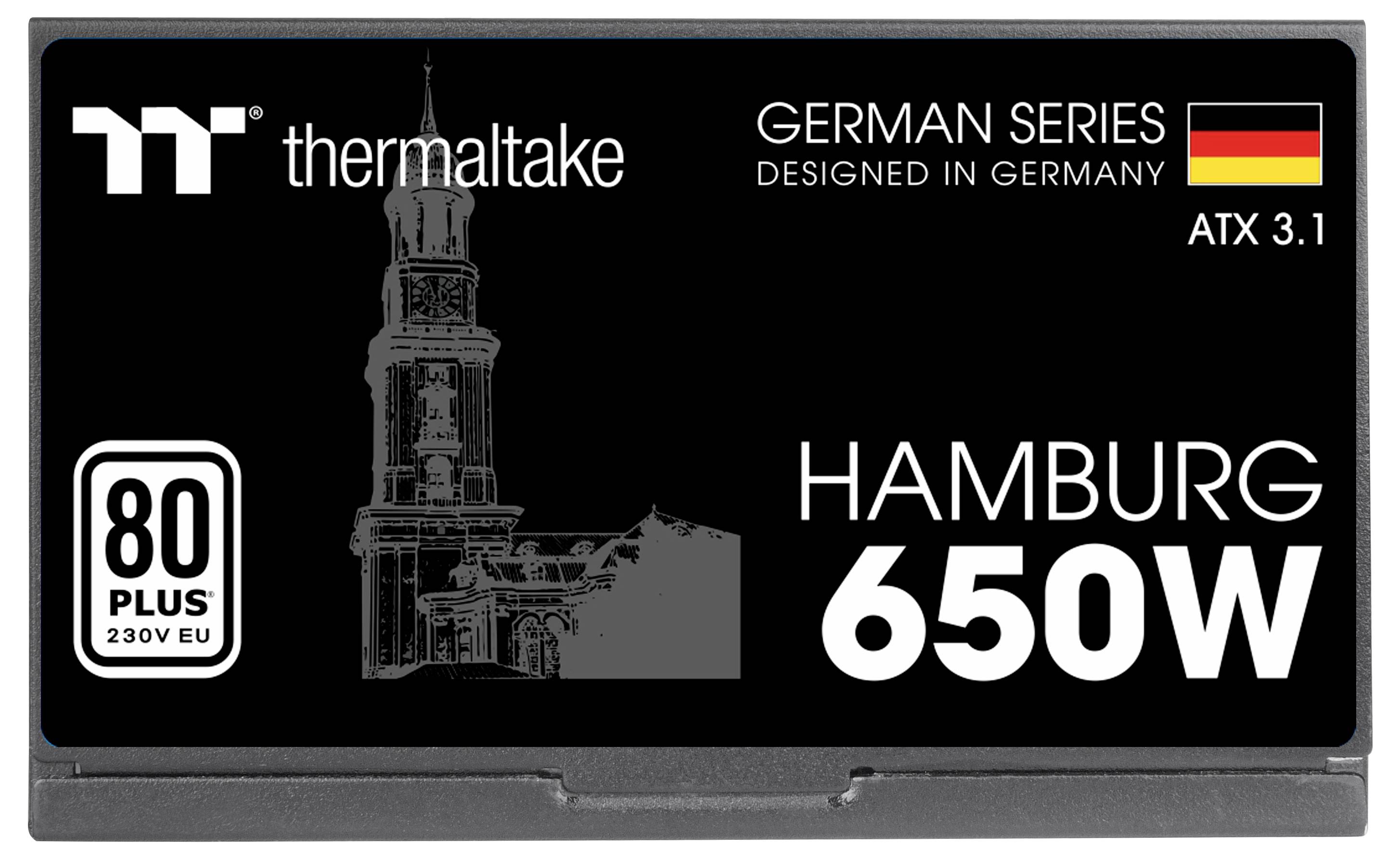 Thermaltake Alimentatore, 650W, Serie 'German Series', 'Progettato in Germania', ATX 3.1, certificato 80 Plus 230V EU. Immagine di Amburgo.