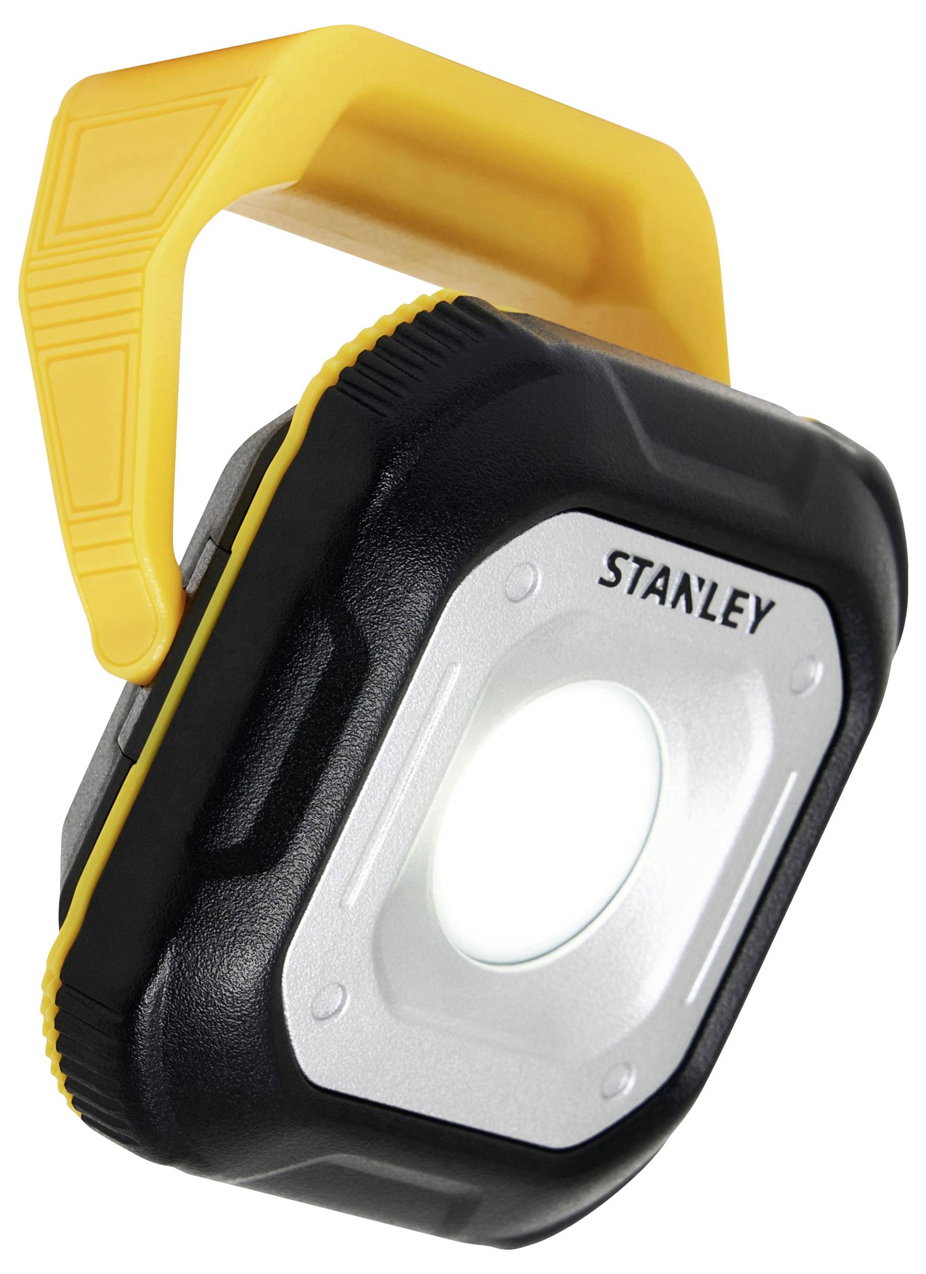 Lampada da lavoro portatile a LED con manico giallo, corpo nero e sorgente luminosa brillante al centro, con la scritta 'Stanley'.