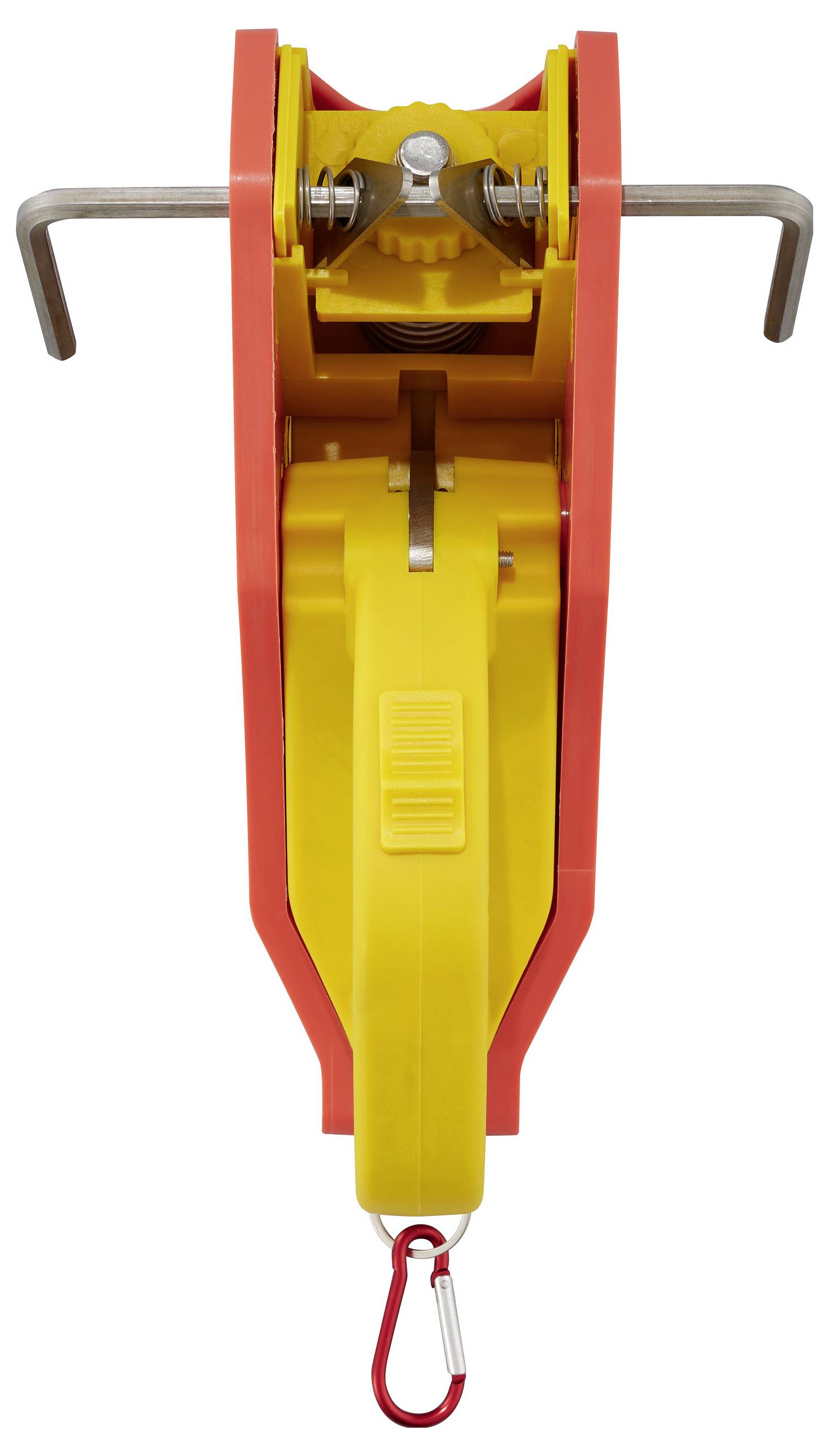 Un dispositivo meccanico giallo e rosso con ganci e leve, presumibilmente uno strumento per fissare o mettere in sicurezza.