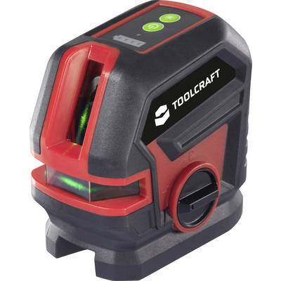 Laser per utensili di TOOLCRAFT con involucro rosso e nero, che mostra linee verdi. Utilizzato per l'allineamento preciso e la livellazione.