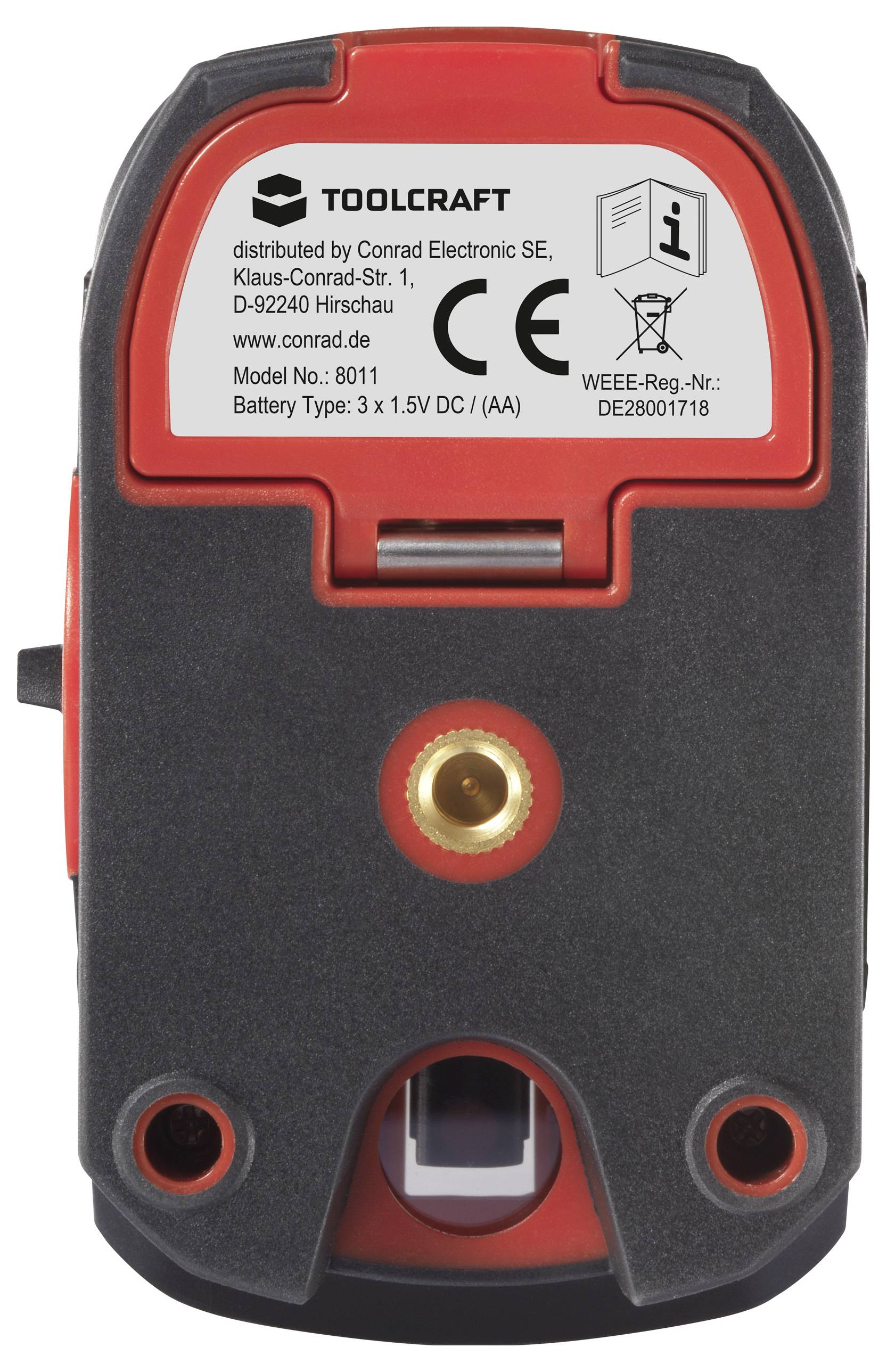 Vista posteriore di un dispositivo elettronico con involucro rosso e nero, coperchio della batteria e pannello informativo con specifiche del produttore.