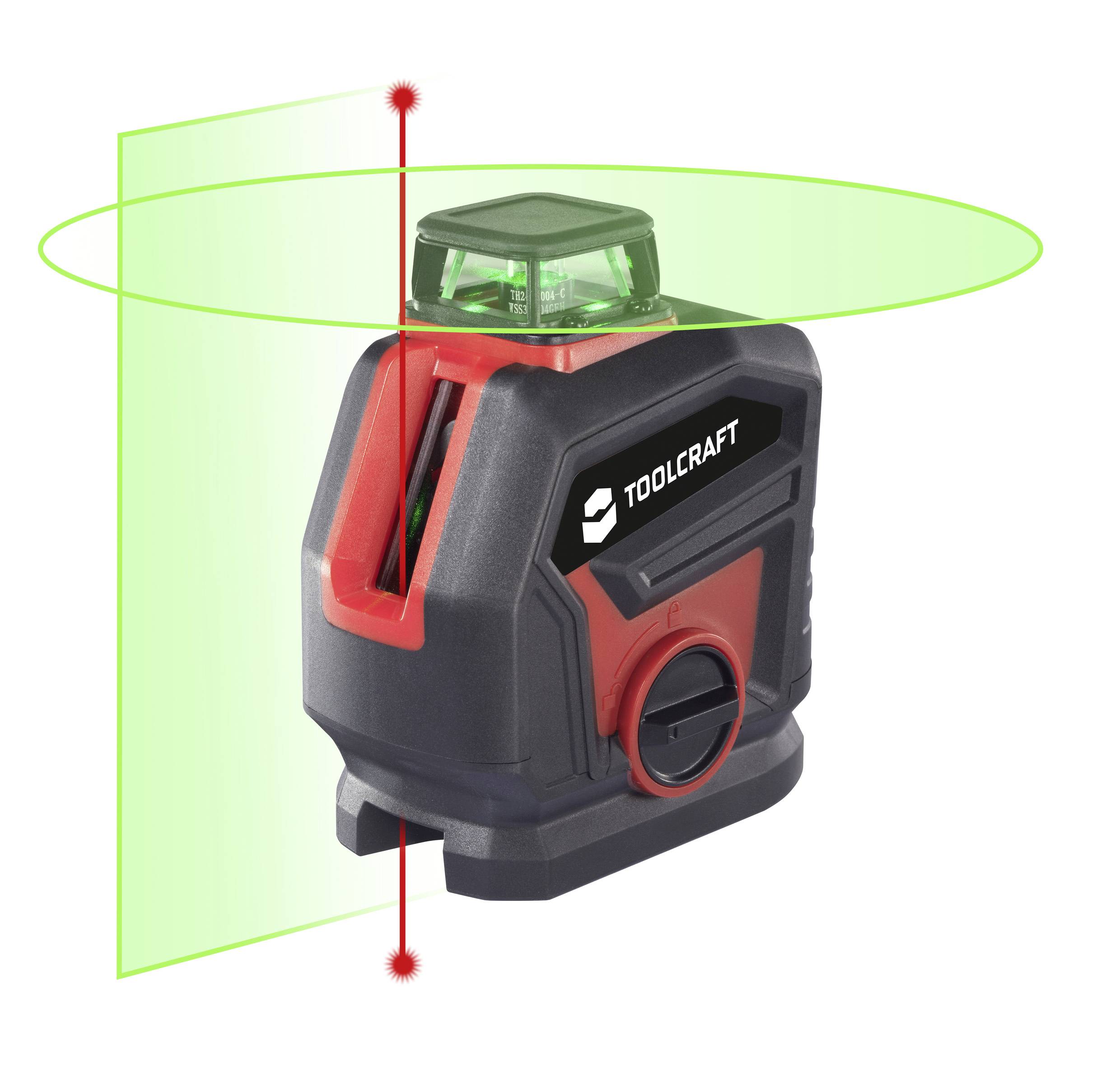 'Laser a linee incrociate verdi del marchio Toolcraft, mostra linee laser verticali e orizzontali, idoneo per applicazioni di misurazione precise.'