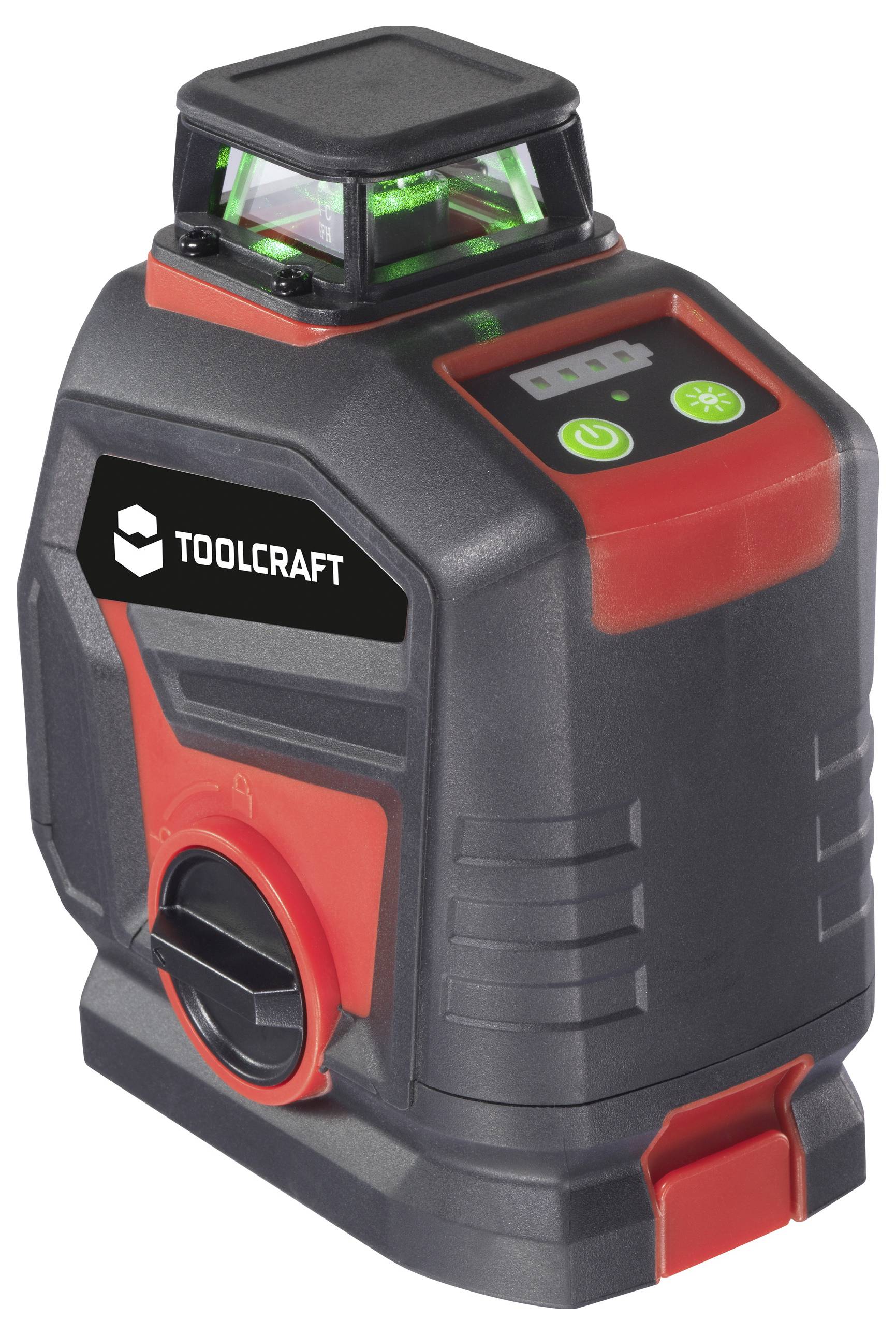Un laser a linea Toolcraft nero e rosso con spie di controllo verdi e un'uscita cilindrica, utilizzato per misurazioni di precisione.