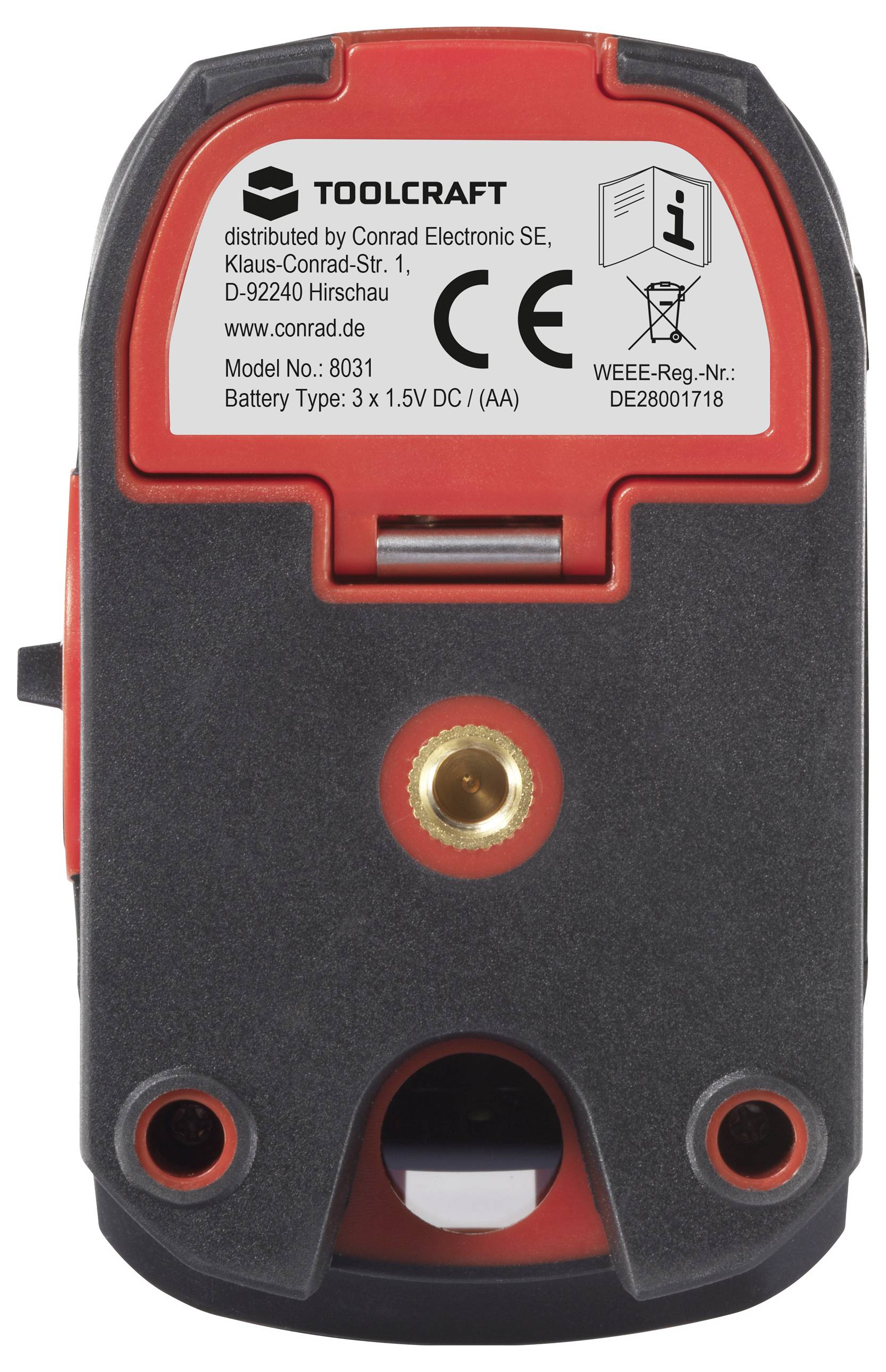 Retro di un dispositivo di misurazione laser del marchio Toolcraft, modello n. 8031. Mostra il marchio CE e informazioni sulla distribuzione e sul tipo di batteria.