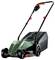 Un tagliaerba verde con ruote nere e manico rosso, contrassegnato con 'Bosch'. Adatto per giardini piccoli e di medie dimensioni.