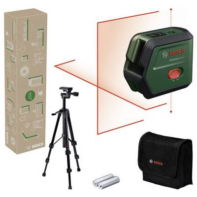 'Bosch Universal Level 2' include un proiettore laser, un treppiede, una borsa per il trasporto e le batterie. Ideale per misurazioni precise.