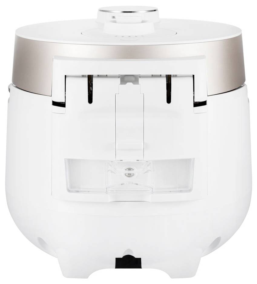 Un pentolino di riso bianco, rotondo, con un coperchio dorato, chiuso e visto frontalmente.