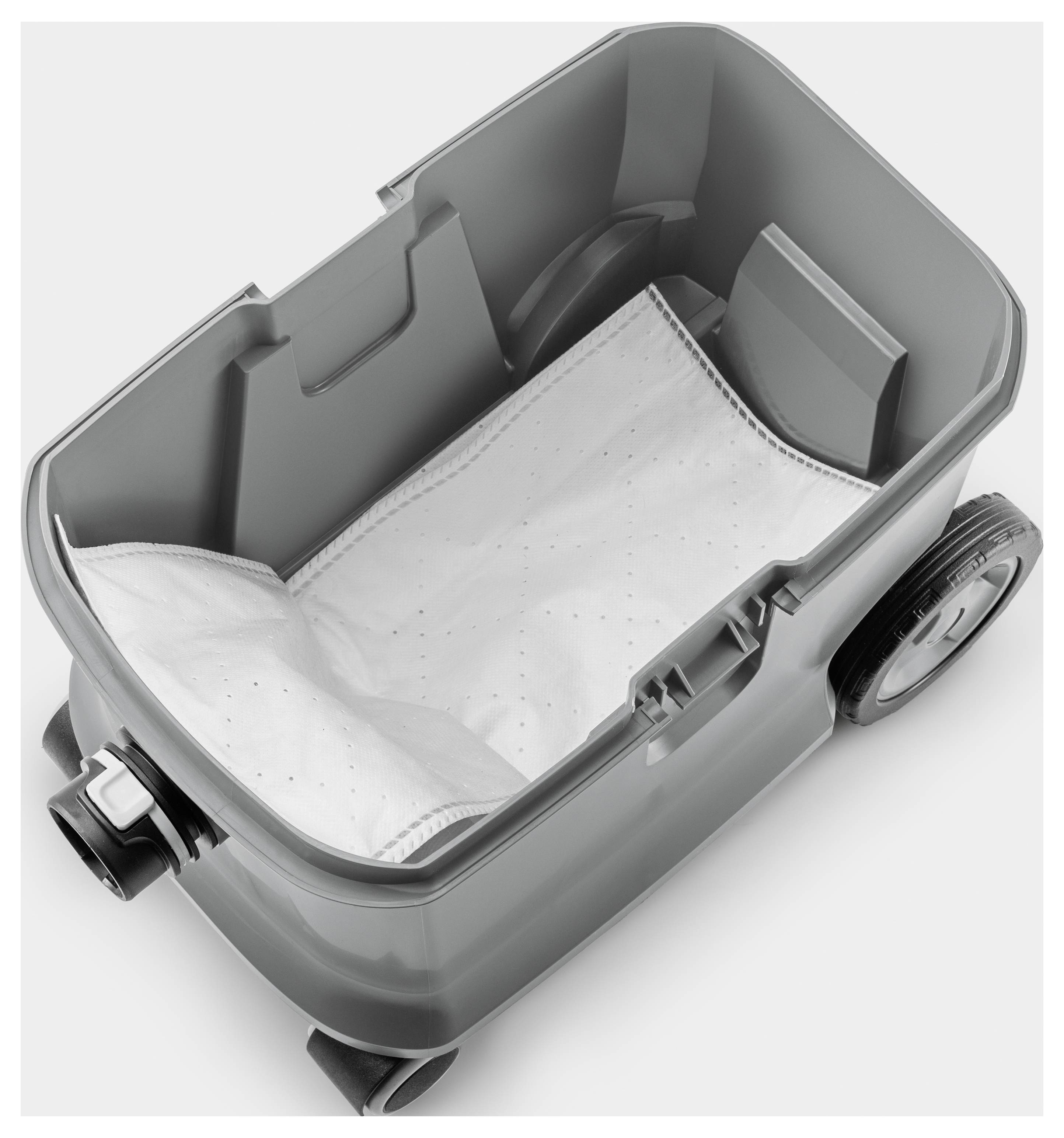 Contenitore grigio in plastica con ruote, contiene un inserto filtro bianco.