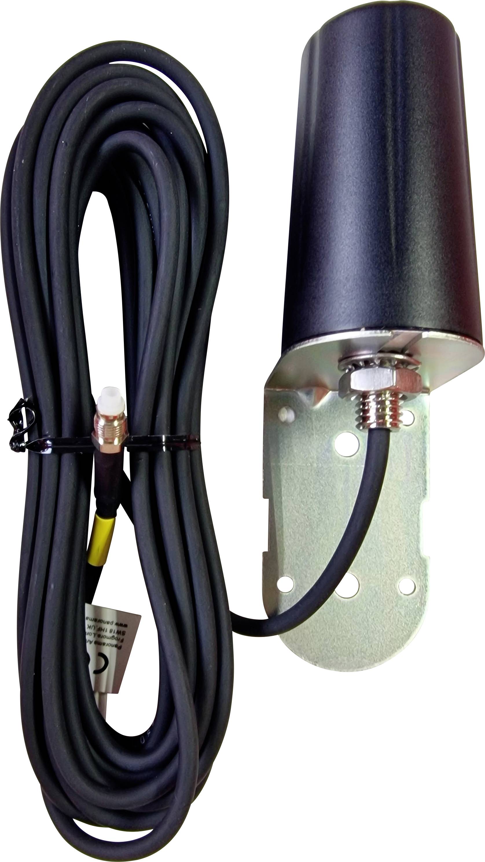 Antenna cilindrica nera con supporto in metallo e lungo cavo arrotolato, per applicazioni elettroniche.