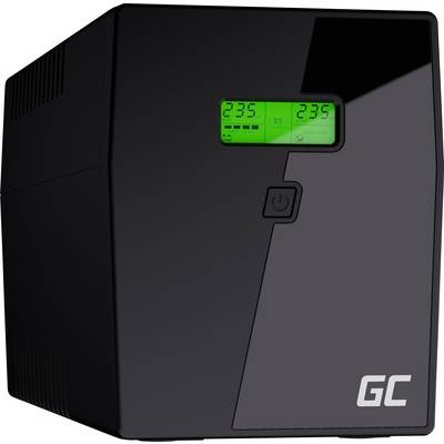 Dispositivo UPS nero con display verde, mostra '235' per la tensione. Logo GC in basso a destra. Utilizzato per l'alimentazione di emergenza di dispositivi elettronici.