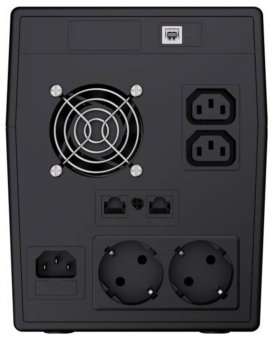 Il retro di un dispositivo elettronico con ventola, porta USB, due porte LAN e vari attacchi di alimentazione.