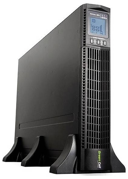 'Gruppo di continuità (UPS) in nero con display LCD che mostra i dati. In piedi con tre supporti stabili.'