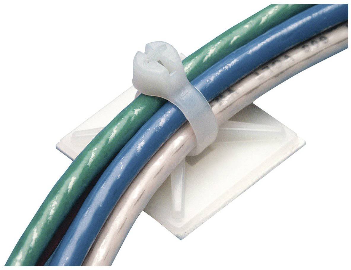 Tre cavi, verde, blu e bianco, vengono fissati con una fascetta trasparente su un supporto in plastica bianca.