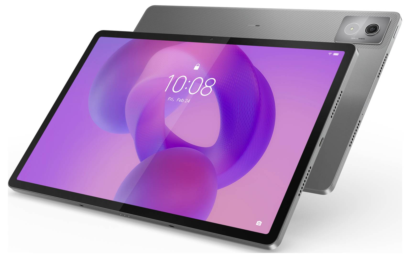 Un tablet moderno con un grande schermo mostra l'ora 10:08. Ha una struttura sottile ed è posizionato davanti a un altro tablet leggermente inclinato.