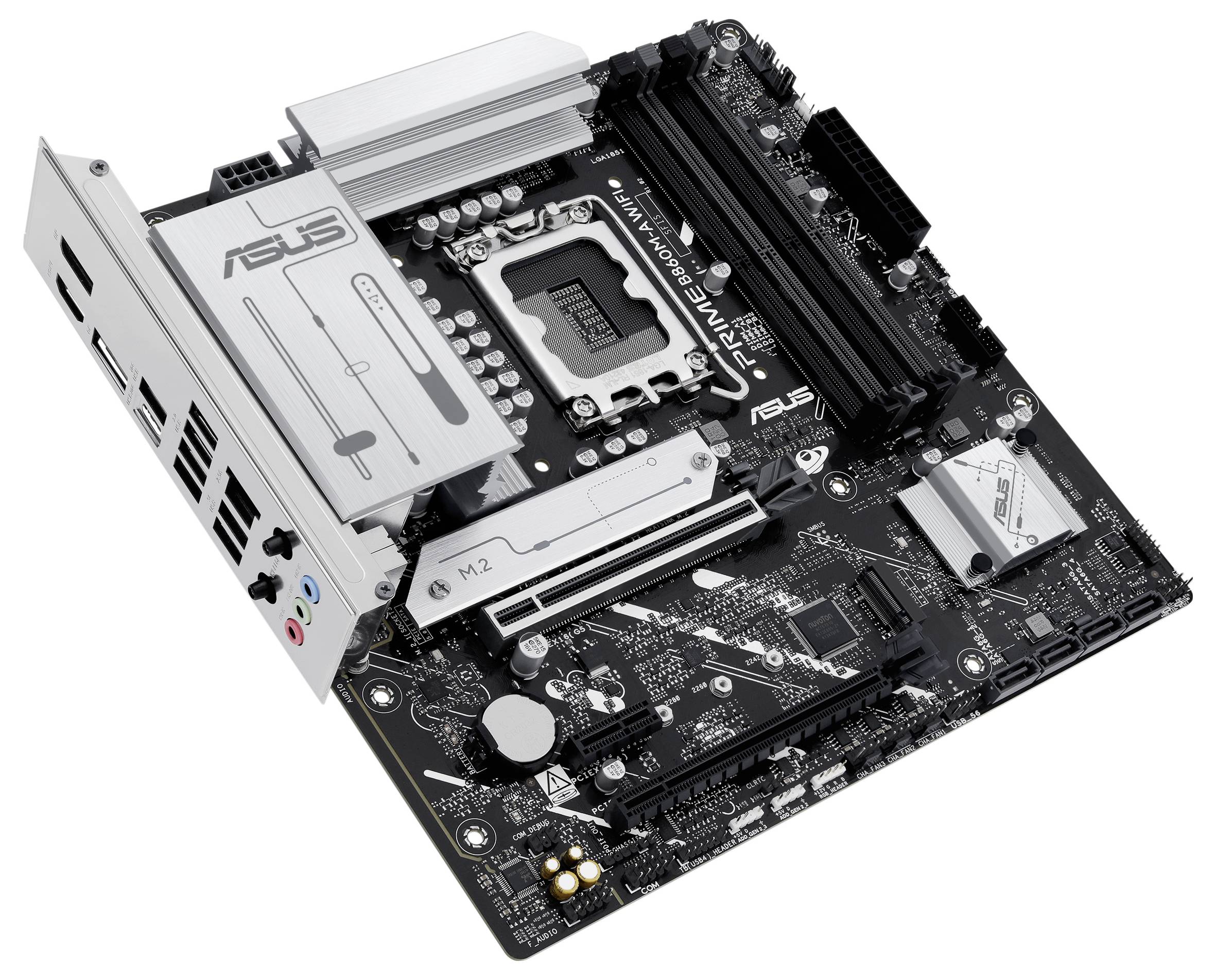 L'immagine mostra una scheda madre ASUS PRIME B660M-A WIFI D4 con slot per RAM, socket per CPU e varie porte, progettata per l'assemblaggio di PC.